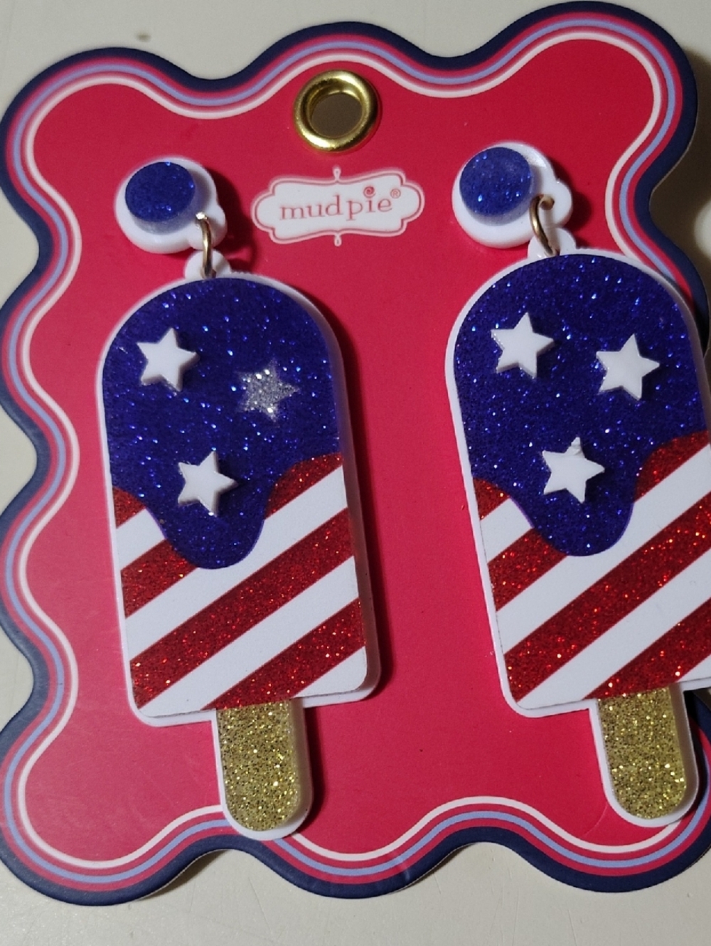 Mud Pie Red White Blue Glitter Patriotic Popsicle Dangle Earrings